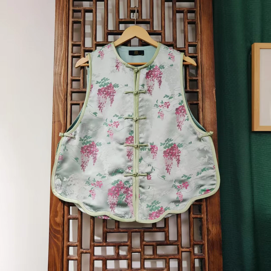 凤徕兮私人定制浅绿色紫藤花暗纹对襟盘扣圆领短马甲（LS485-3）