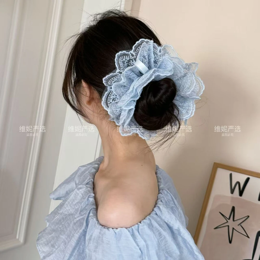 抽绳式可调节大小!新款蕾丝刺绣超大发圈芭蕾风网纱大肠圈