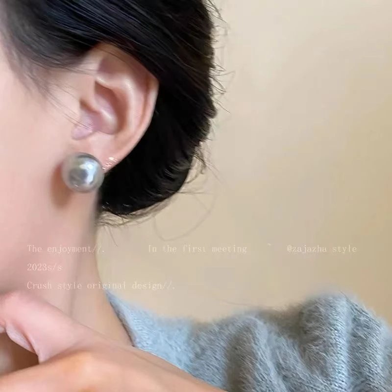 铜合金仿珍珠耳饰 A5灰色高亮面包珠珠耳钉16mm