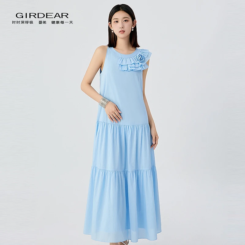 哥弟  夏季新款简约百搭小众设计感荷叶边造型无袖连衣裙150030