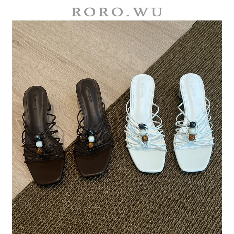 娆娆吴·夏季气质串珠露趾细带纯色中跟日常百搭凉鞋T515
