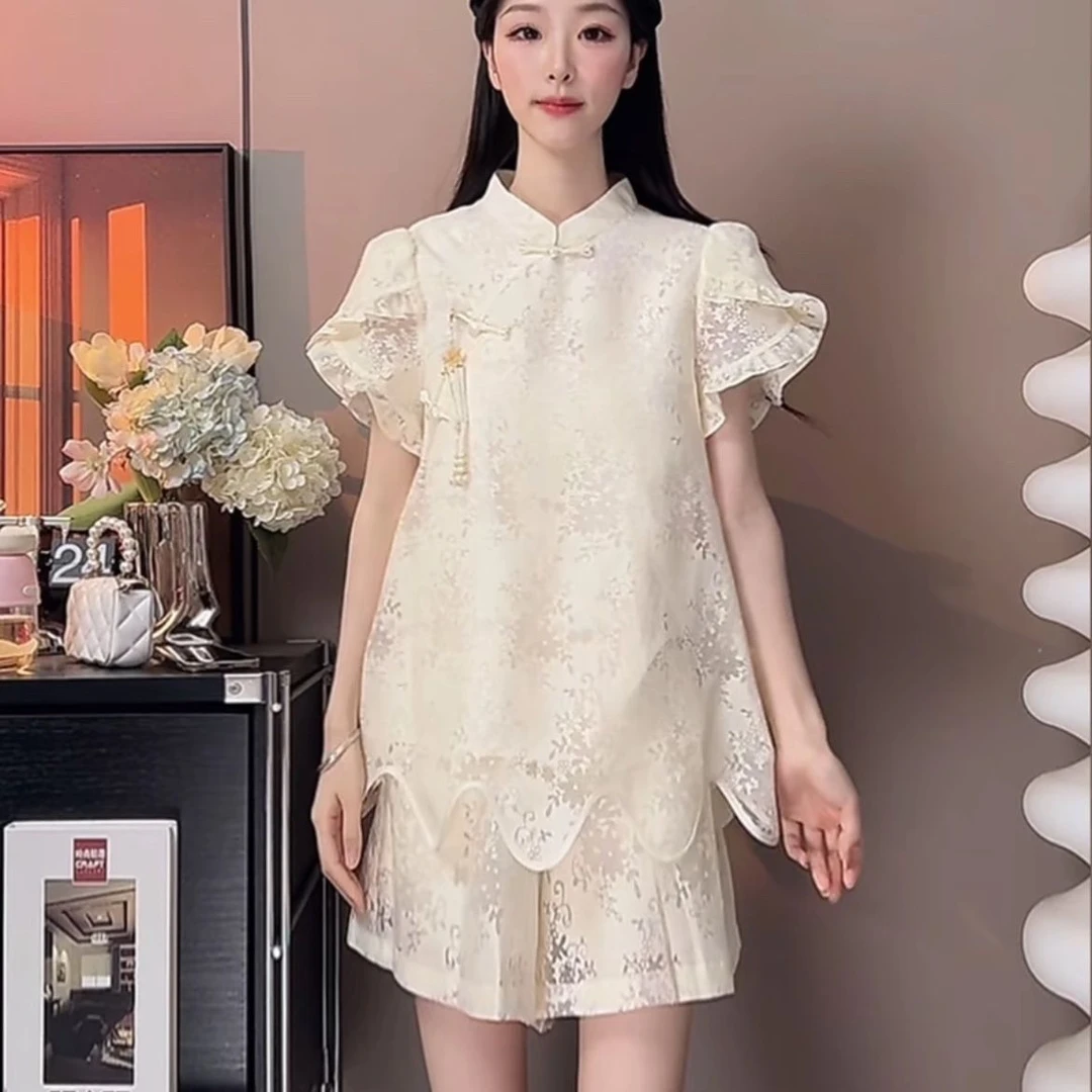 气质减龄国风两件套2025夏季新中式提花镂空甜美套装上衣+短裤
