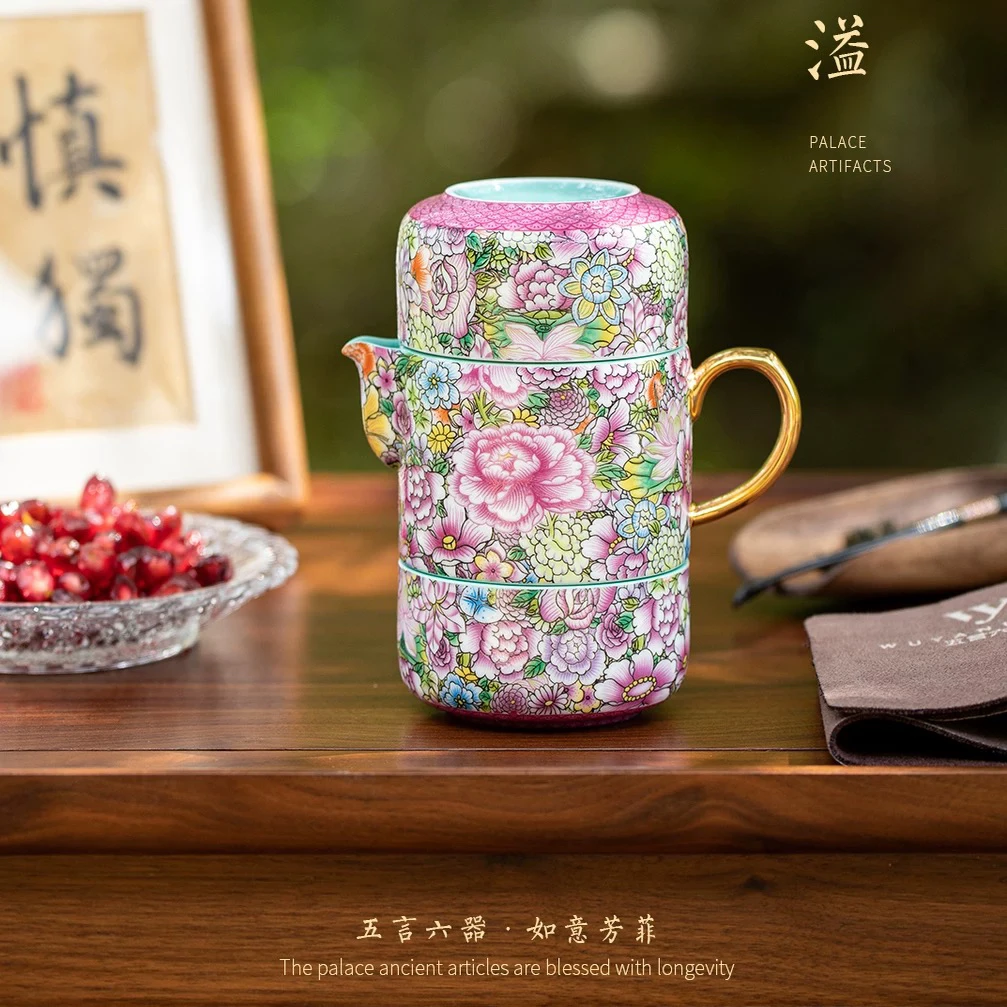 五言六器 如意芳菲 景德镇手工珐琅彩四海升平旅行装  精美礼盒