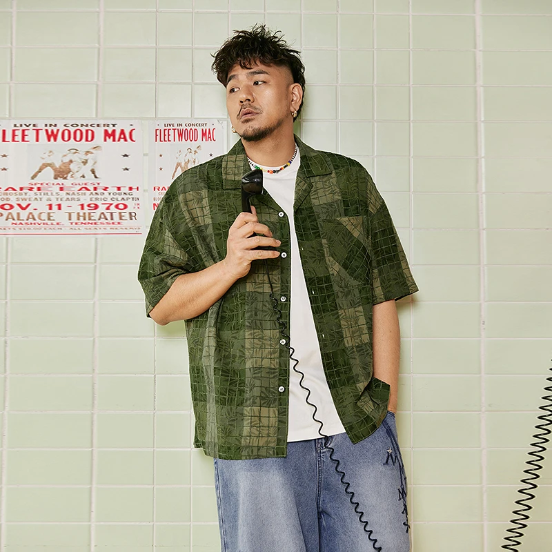 NMAX大码潮牌男装25年夏新款度假风格子短袖植物格纹衬衫FNC022