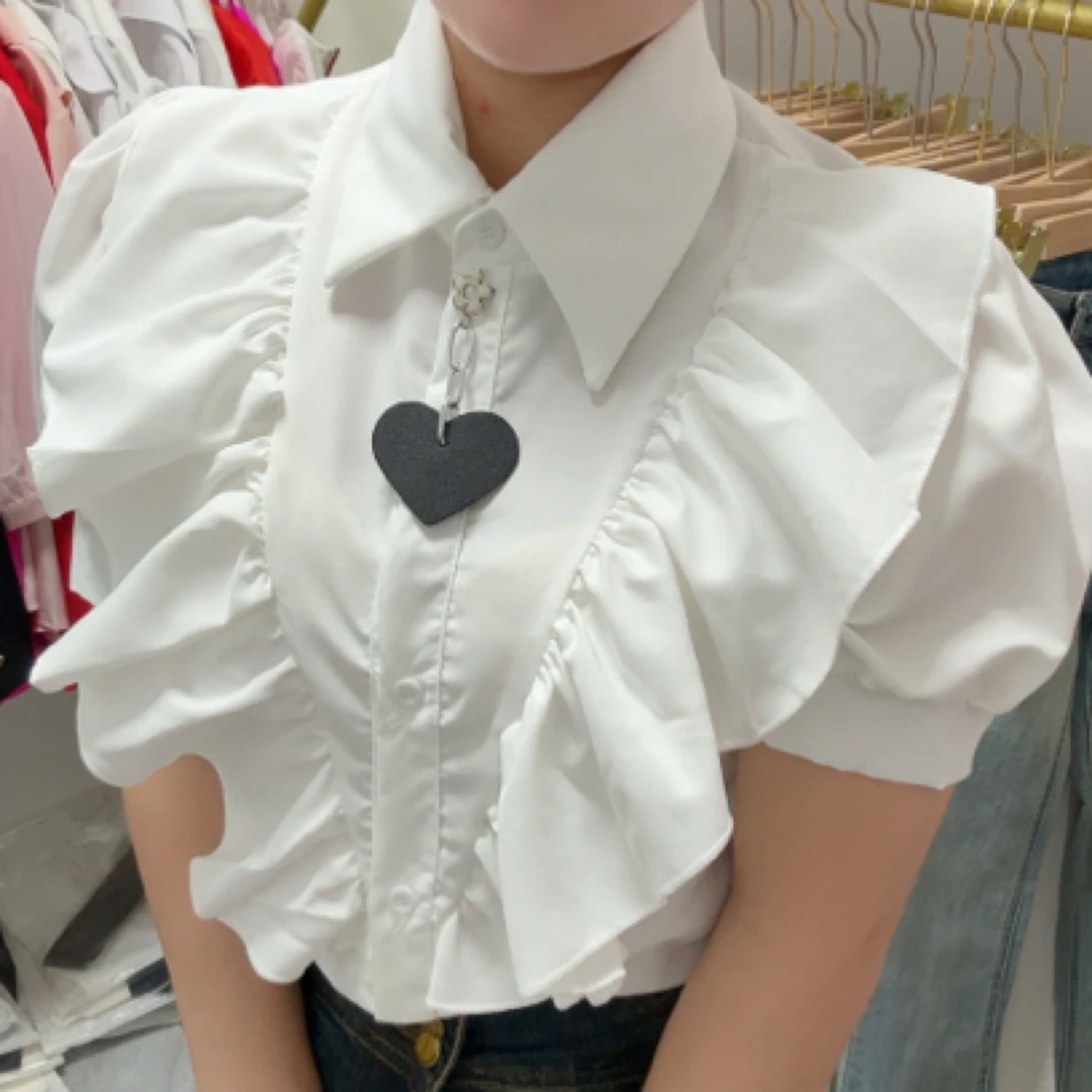 荷叶边翻领短袖白色衬衫女夏季高级感小众甜美法式上衣