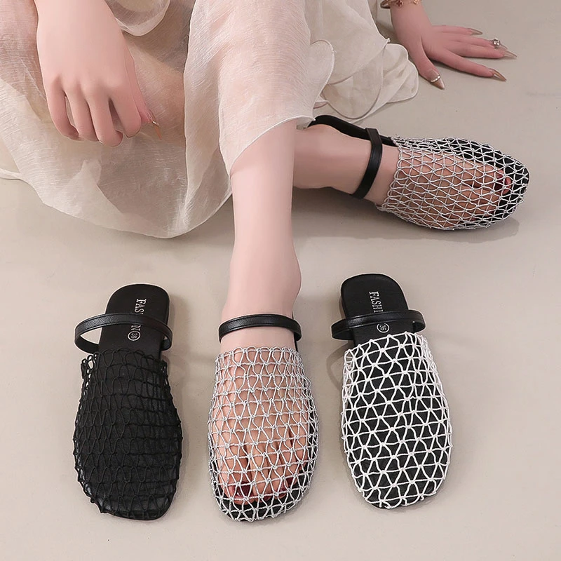 小众编织镂空网纱凉拖鞋女鞋子外穿2025新款夏季平底透气包头凉鞋