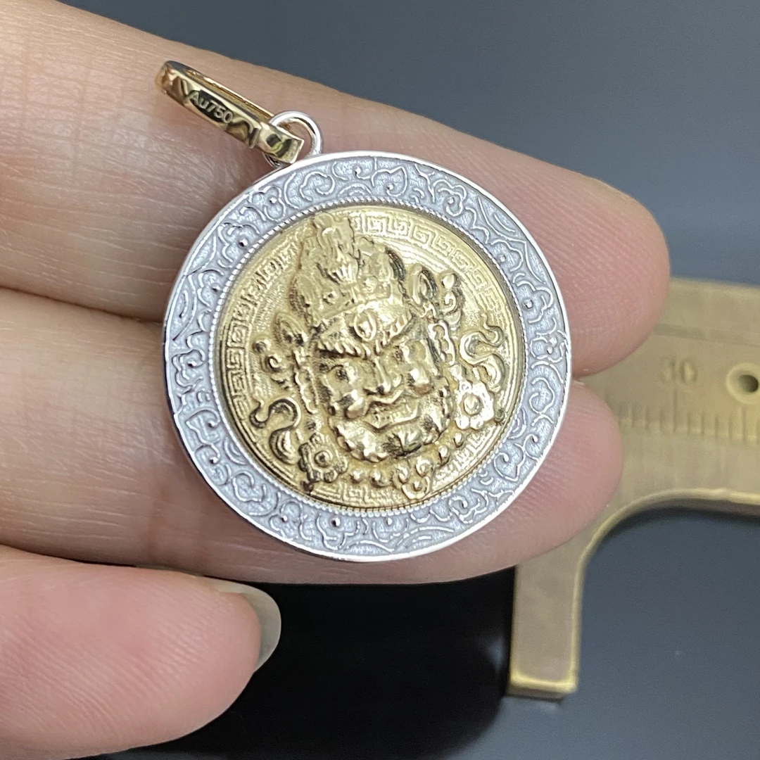 国风古币万能扣18k黄财神吊坠 罗盘 复古创意