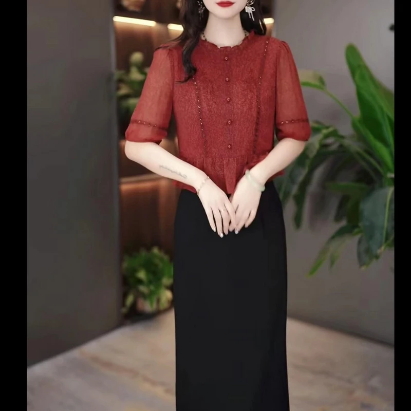 爆款夏季短袖复古假两件连衣裙法式碎花圆领高腰显瘦气质减龄裙子