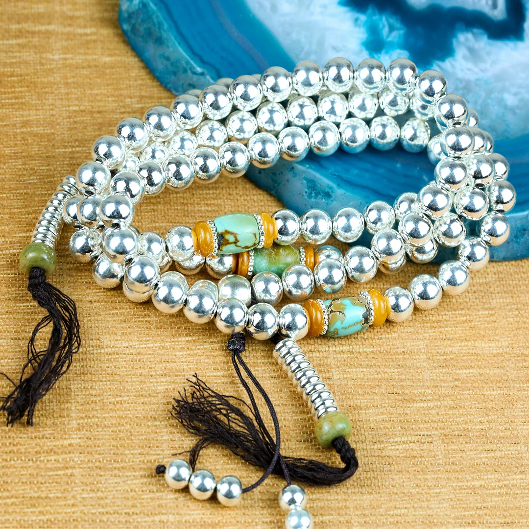 925银银制品 时尚自编纯银计数器108颗民族风手串项链两用8mm