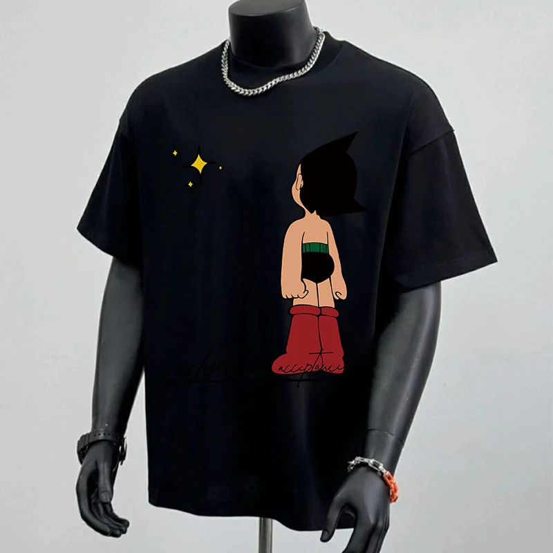 特大码300斤卡通动漫阿童木短袖黑色圆领t恤男潮牌2025