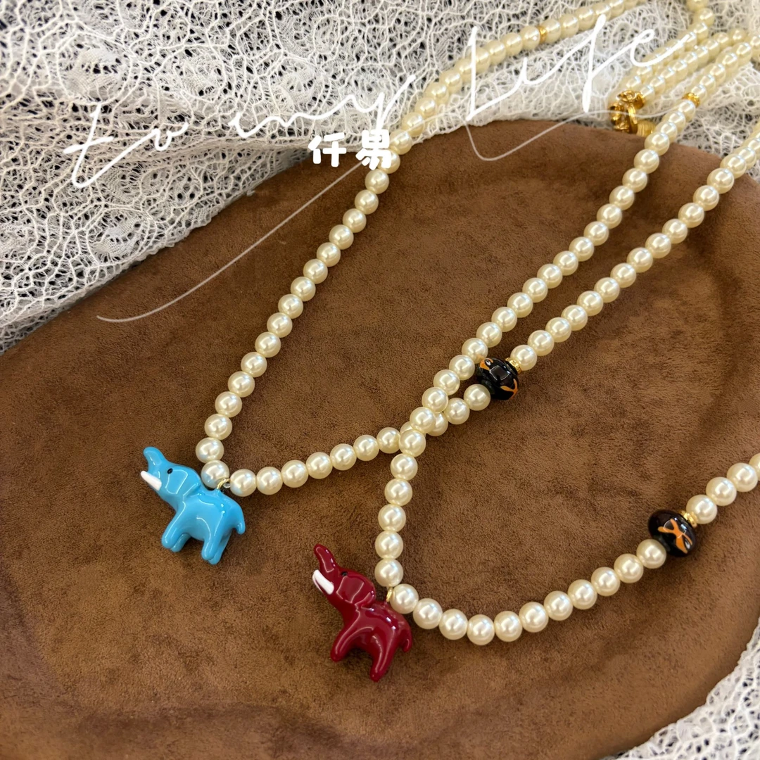 非金属仿珍珠项链 新款网红手工爆款红色时尚串珠小象项链颈链