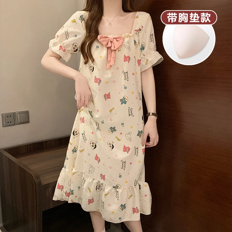 带胸垫短袖甜美卡通睡裙女夏季睡衣中长裙云朵棉布薄款可爱家居服
