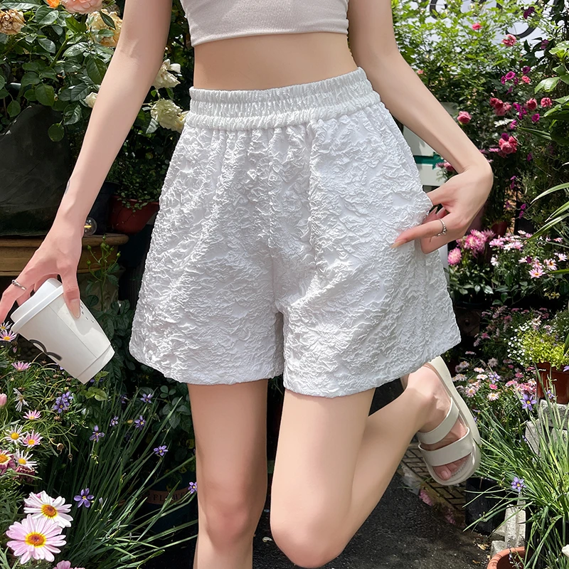 【福利款】2025夏季松紧腰高腰a字阔腿裤休闲大码百搭刺绣短裤女