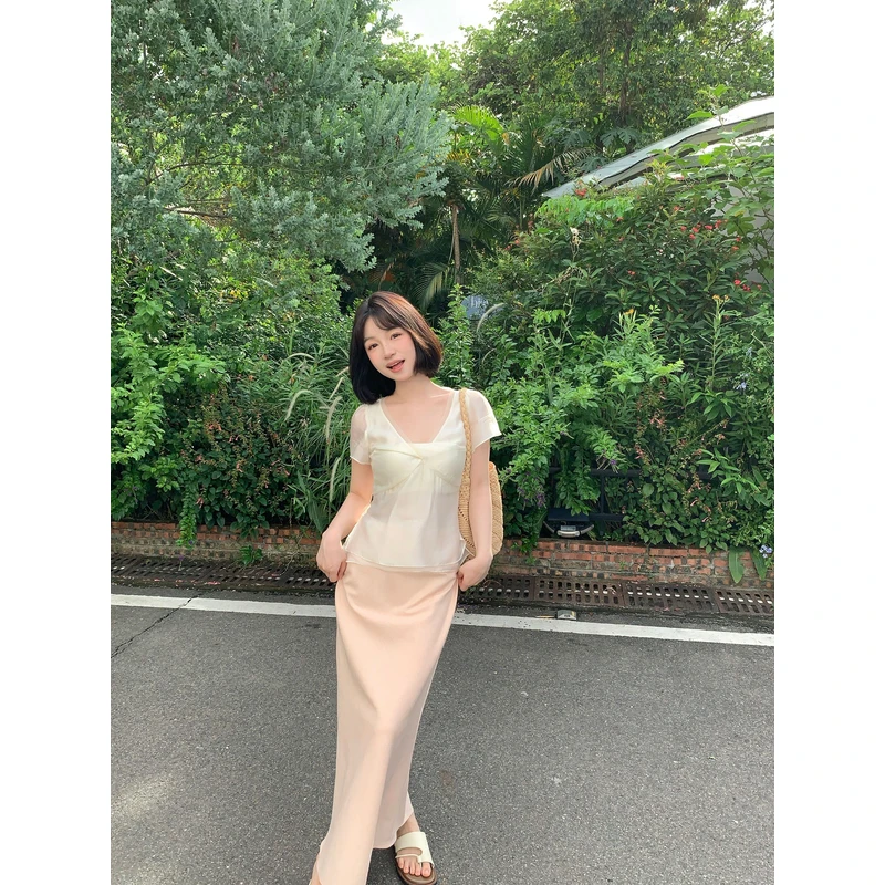 板栗西西《桃桃奶昔》夏气质法式小众修身显瘦时尚女装百搭长半裙