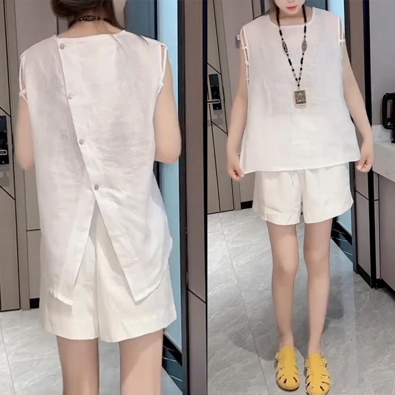 夏季新款薄款设计感套装宽松显瘦开叉洋气透气无袖短裤两件套