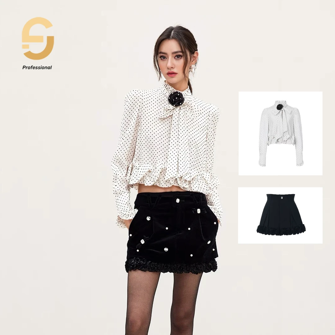 【CG-Y】no退no换春季新款复古波点荷叶边装饰衬衫