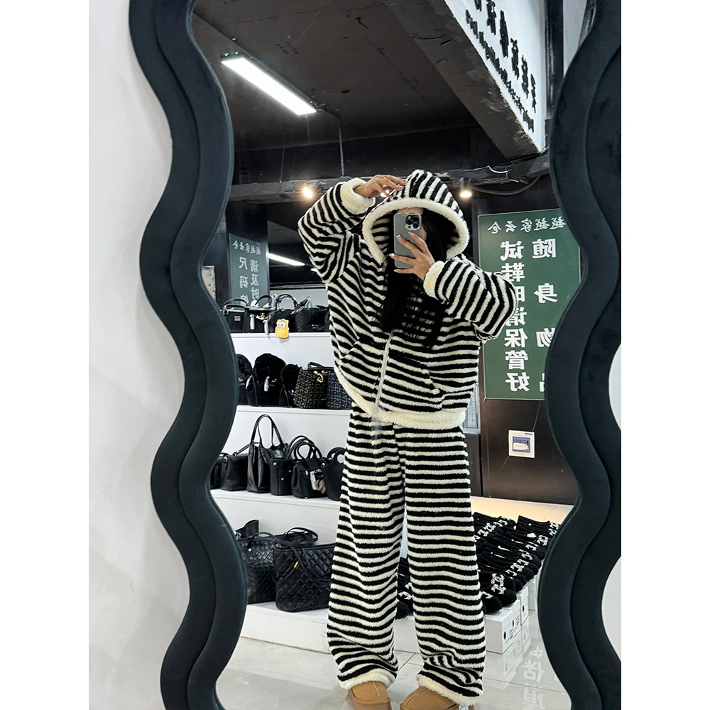 厚款条纹睡衣松紧带家居服套装条纹阔腿裤家居服秋冬套装