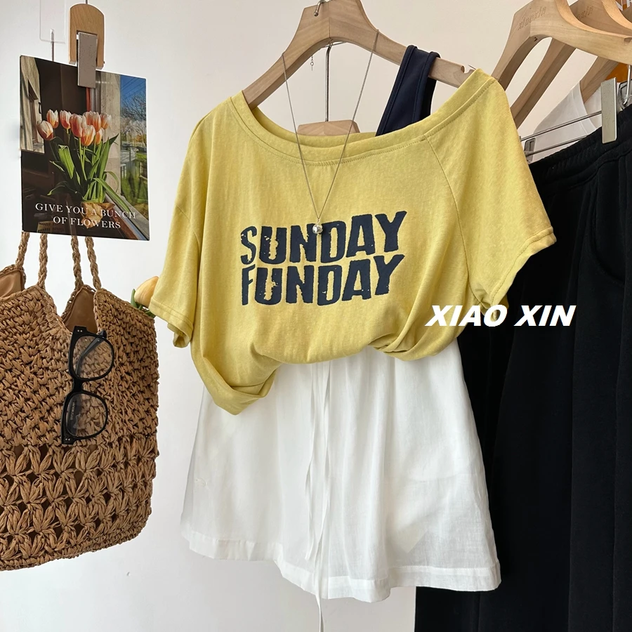 胖妹妹大码韩系时尚一侧露肩字母短袖T恤女2025夏季宽松圆领上衣
