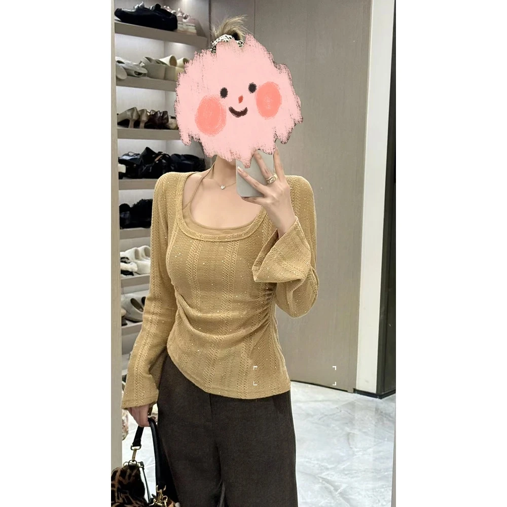 【月落星河】2025新款镂空挂脖显瘦假两件针织上衣+宽松阔腿裤套装