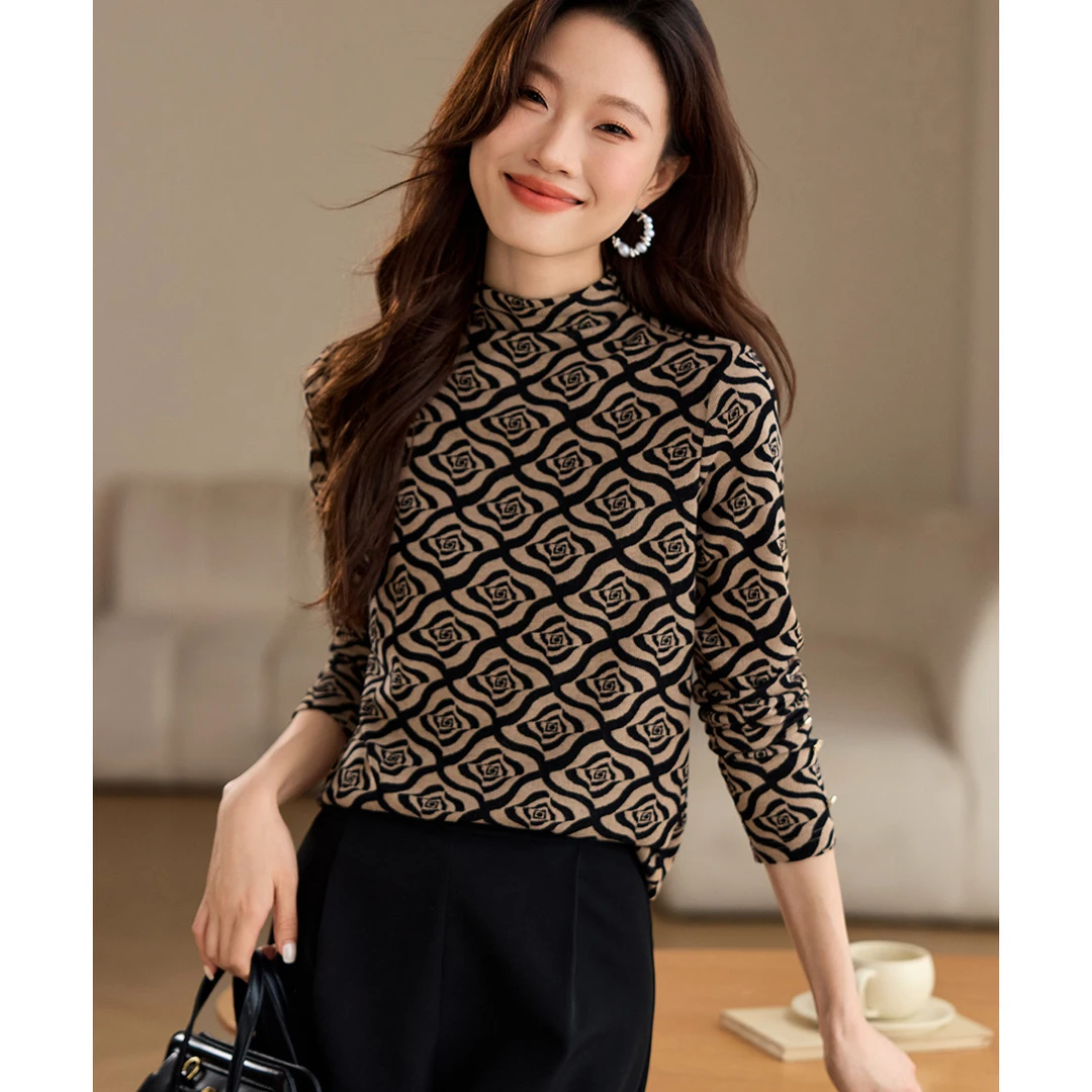 尚静经典玫瑰印花菱格内搭上衣2024秋冬新款时尚百搭半高领打底衫