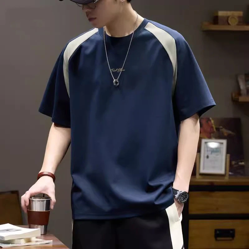 设计感撞色拼接短袖t恤男士宽松圆领落肩袖体恤夏季简约休闲上衣