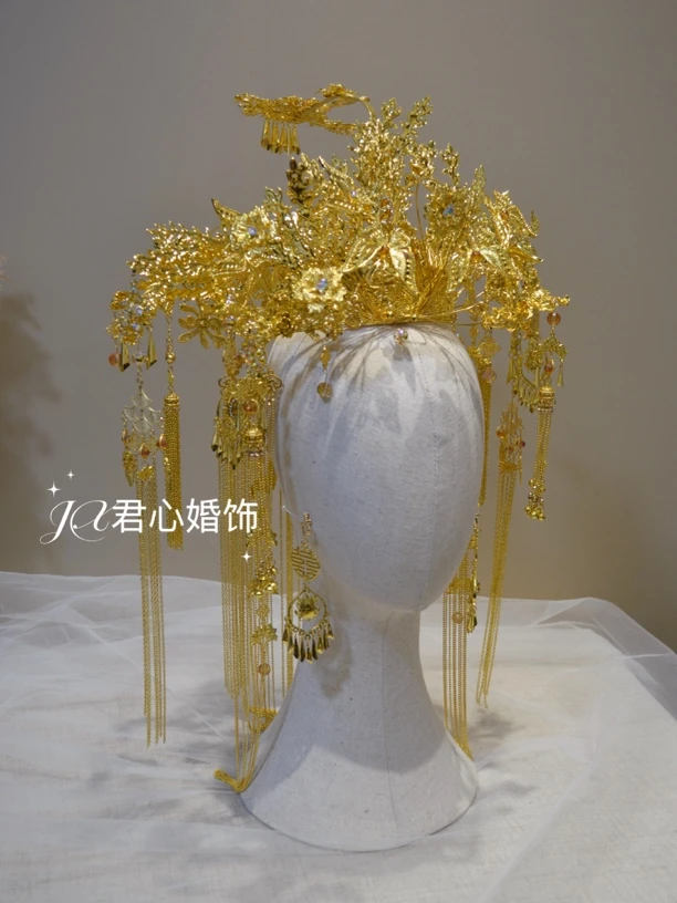 君心家 61754亮金色纯合金大圆冠新娘秀禾头饰中式出嫁凤冠