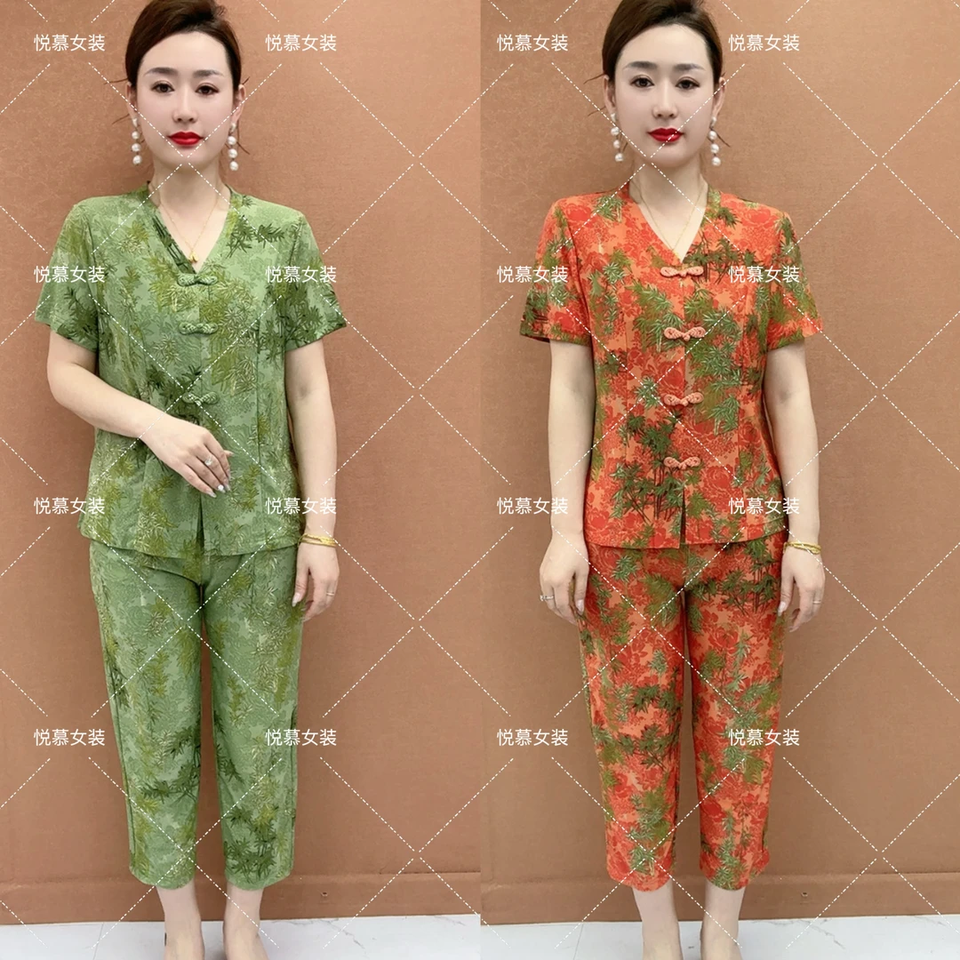 夏季新款时尚V领复古盘扣减龄显瘦中老年妈妈装两件套