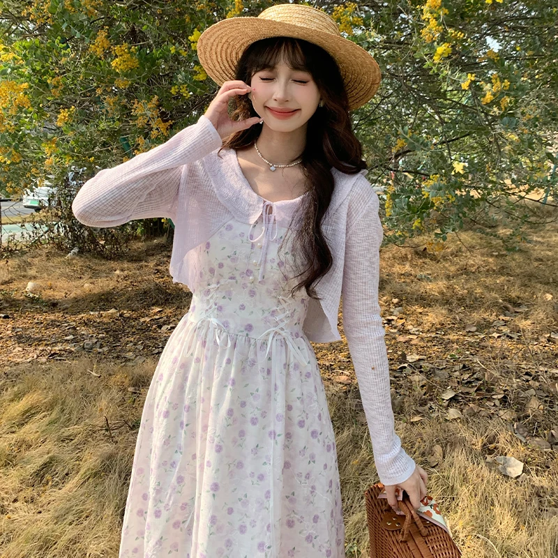 慕兔法式复古小清新碎花连衣裙女2025早春新款搭薄款针织开衫套装