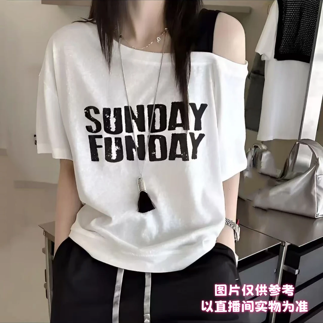 胖汐*漏肩拼色字母印花短袖假两件上衣设计感显瘦百搭时尚不规则