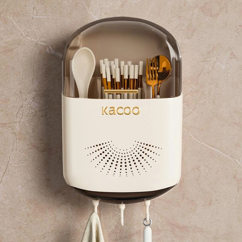 奶油风防尘筷子置物架厨房快子收纳盒家用筷桶勺沥水壁挂式筷笼筒
