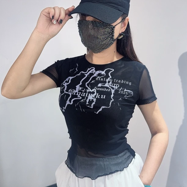 夏季新款网纱轻薄透气印花圆领短袖T恤上衣舞蹈运动显瘦短款时尚