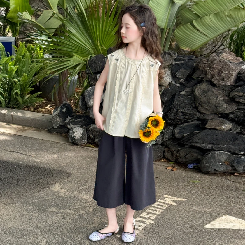 女童无袖上衣阔腿裤套装2025新款中大童韩系圆领衬衫七分裤两件套