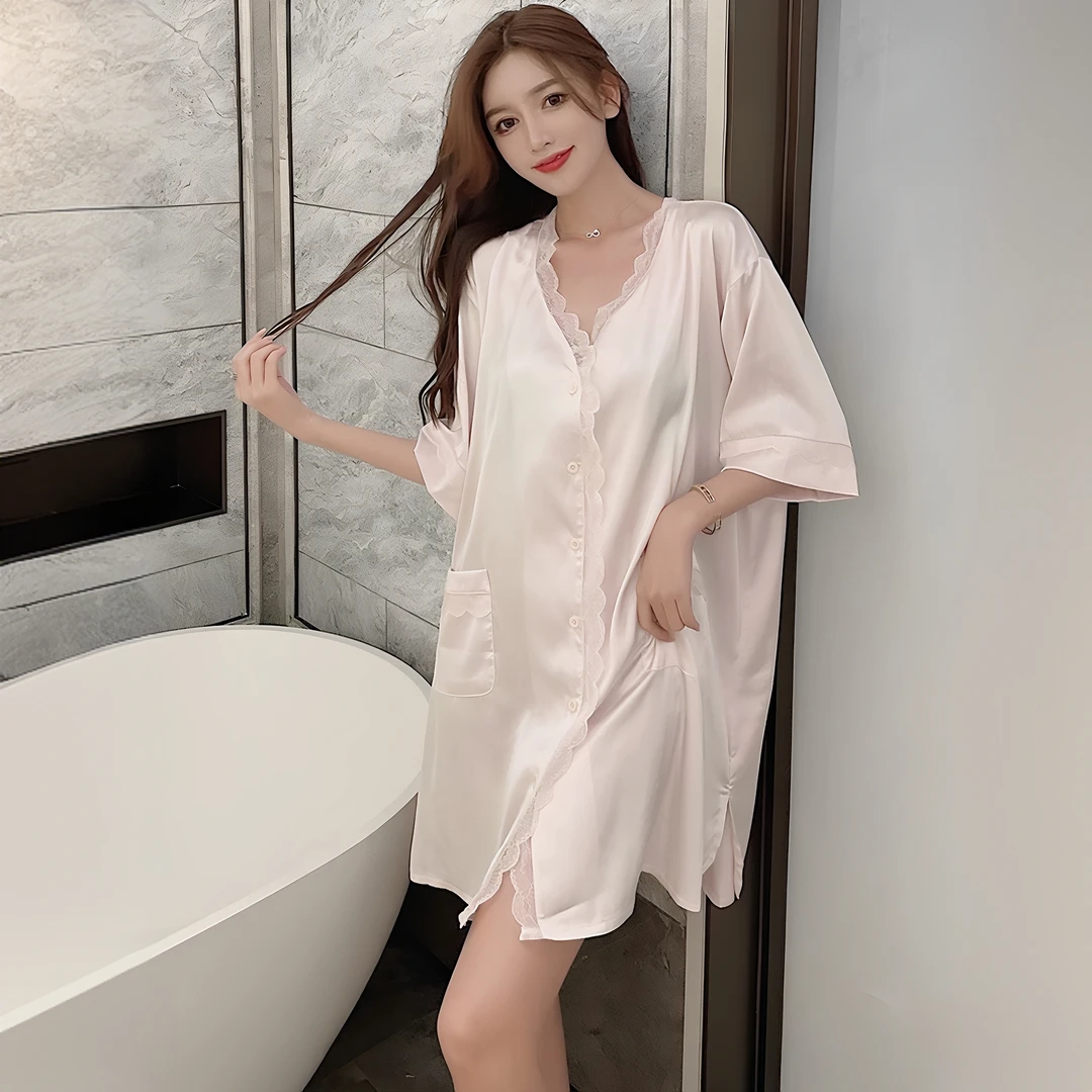 巴韦那奇新款真丝夏季睡衣女士V领中长款性感高级感宽松衬衫睡裙
