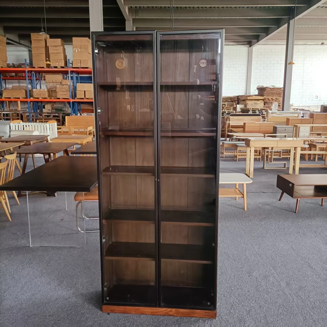 850*320*2000MM瑕疵款红橡木胡桃色双门玻璃门书柜带隔板简约款