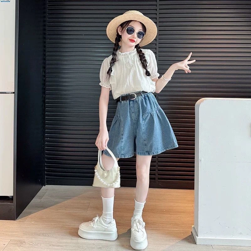 女童夏装套装2025新款6-12岁15岁中大童洋气甜美娃娃衫短袖两件套