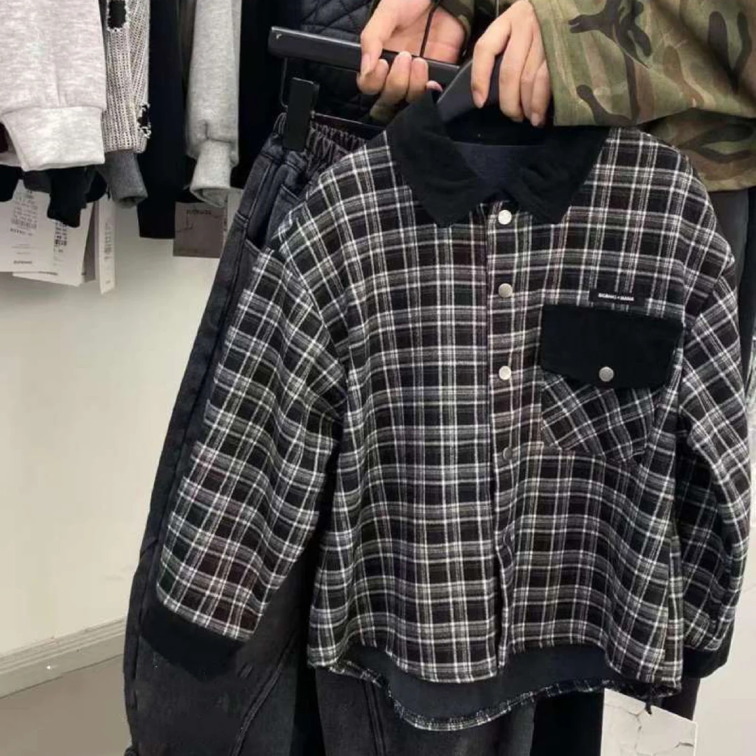 拉萨发货 儿童潮酷翻领衬衫冬男童格子百搭加绒加厚格纹洋气衬衣