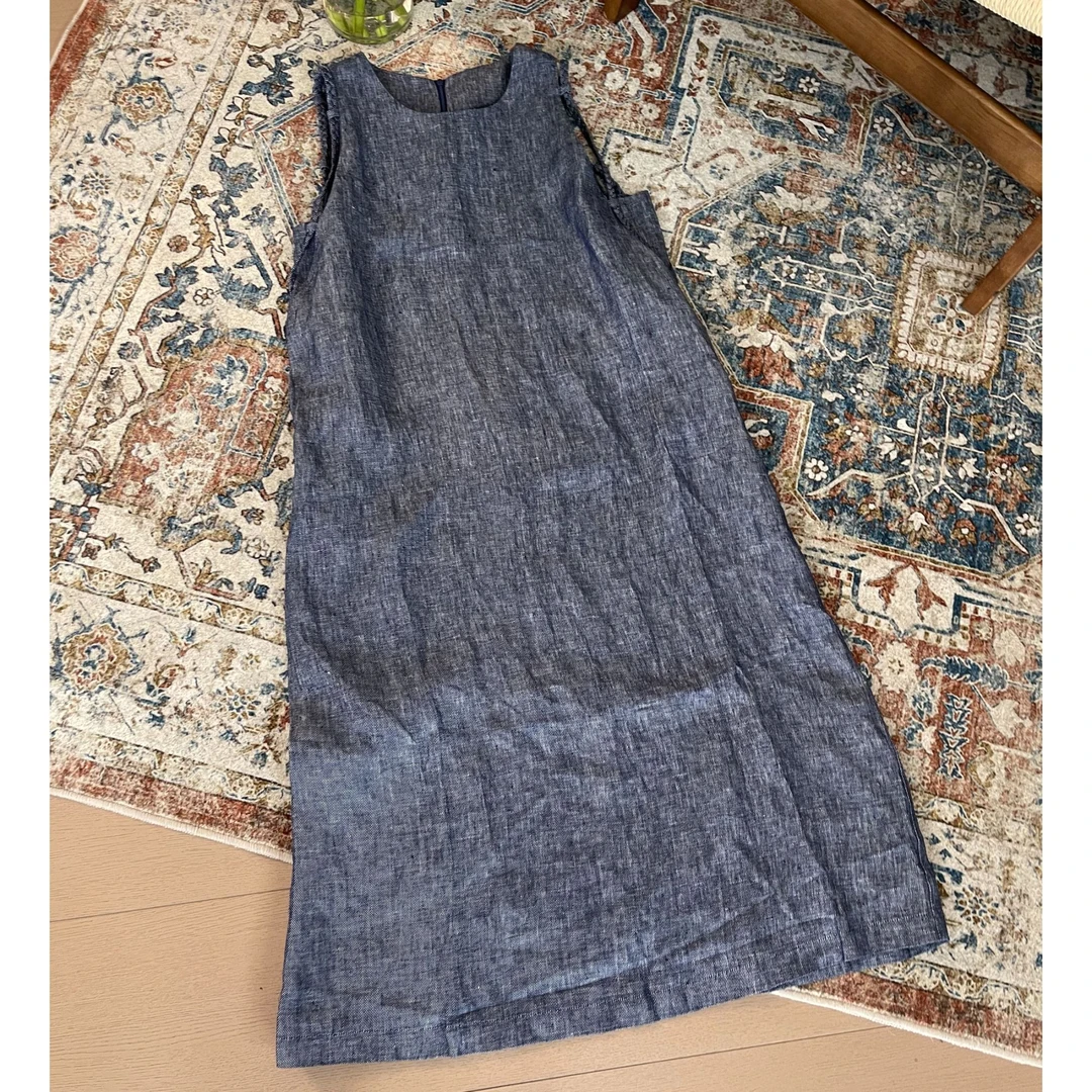 LNHJ【蓝城旧事】简约无袖亚麻编织肩带无袖牛仔圆领后开叉连衣裙