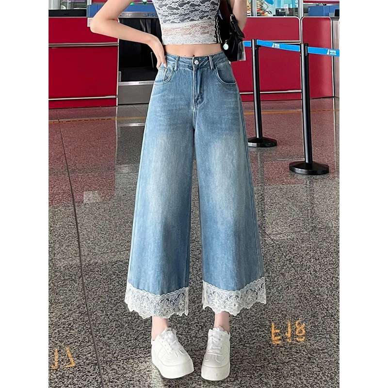 大码蕾丝花边牛仔裤女夏季薄款胖mm小个子阔腿裤宽松高腰八九分裤
