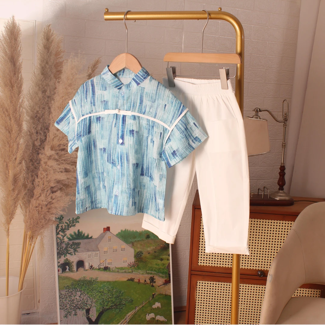 男童夏季薄款文艺新中式中国风韩版套头套装汉服男童小中大童