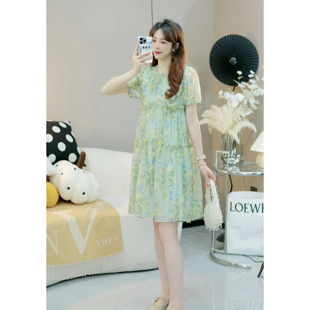 【涟漪U】田原风文艺优雅荷叶边印花清新绿色碎花连衣裙X139