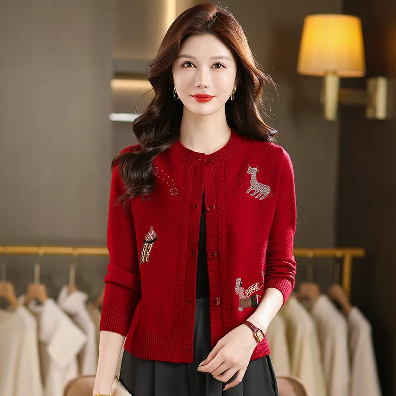 2025春秋新款外套女装本命年马年红色针织衫开衫刺绣秋装短款上衣