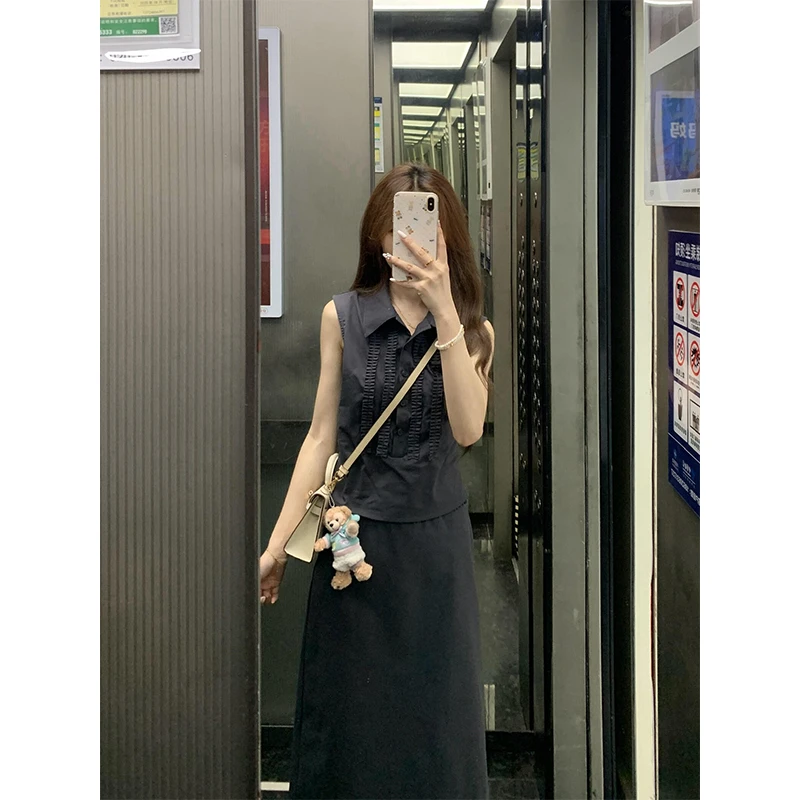 独特漂亮小衫花边压褶无袖衬衫背心上衣夏季高腰显瘦包臀半身裙