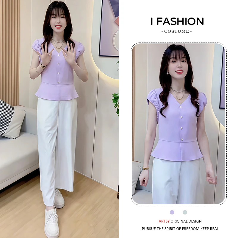 小个子夏季时尚休闲花苞袖衬衫女2025年新款v领高级感开衫上衣潮