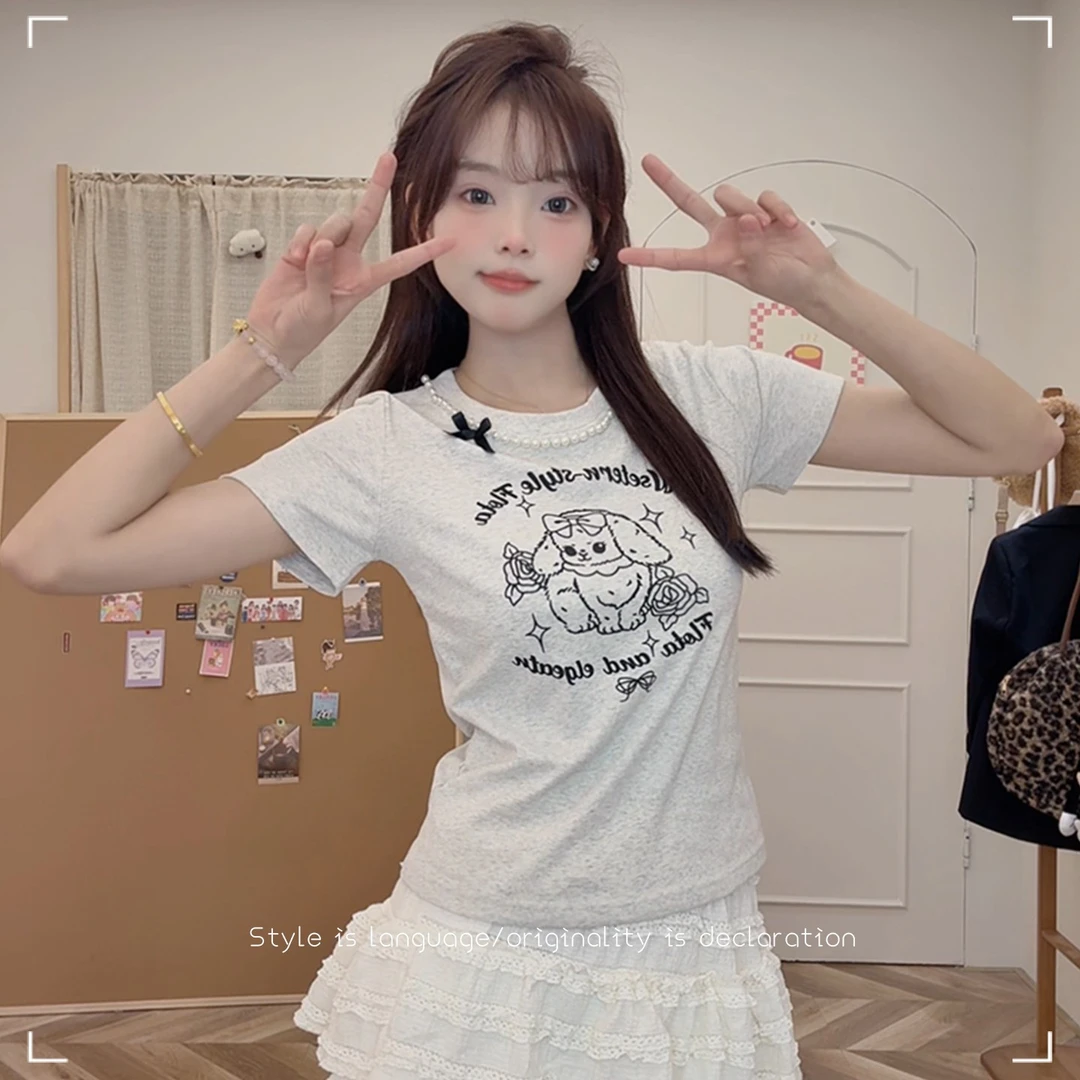 【现货】珍珠领边蝴蝶结小狗印花收腰显瘦修身圆领短款短袖上衣T恤