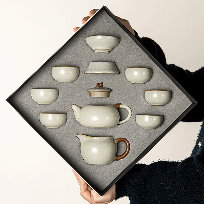汝窑功夫茶具套装中式复古家用客厅喝茶必备陶瓷茶壶茶盘一整套