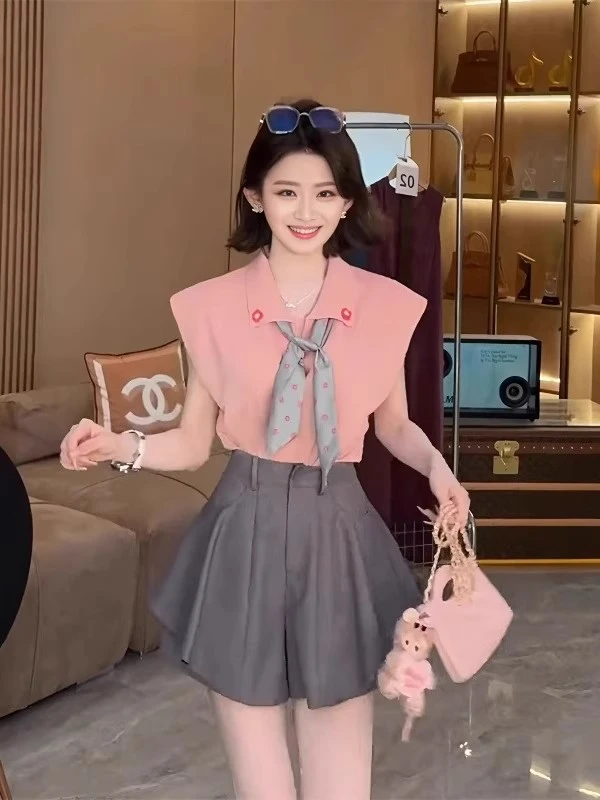 小个子气质减龄丝巾针织衫短袖T恤女装2025夏季新款翻领漂亮上衣