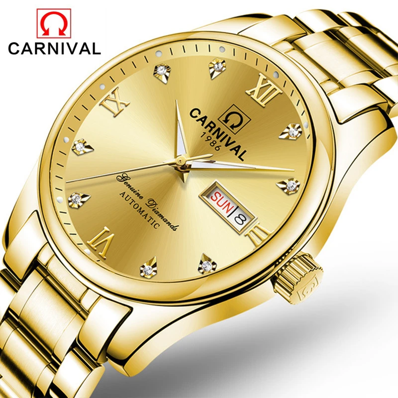 瑞士品牌(CARNIVAL)名匠系列男士全自动机械表高档商务双日历腕表