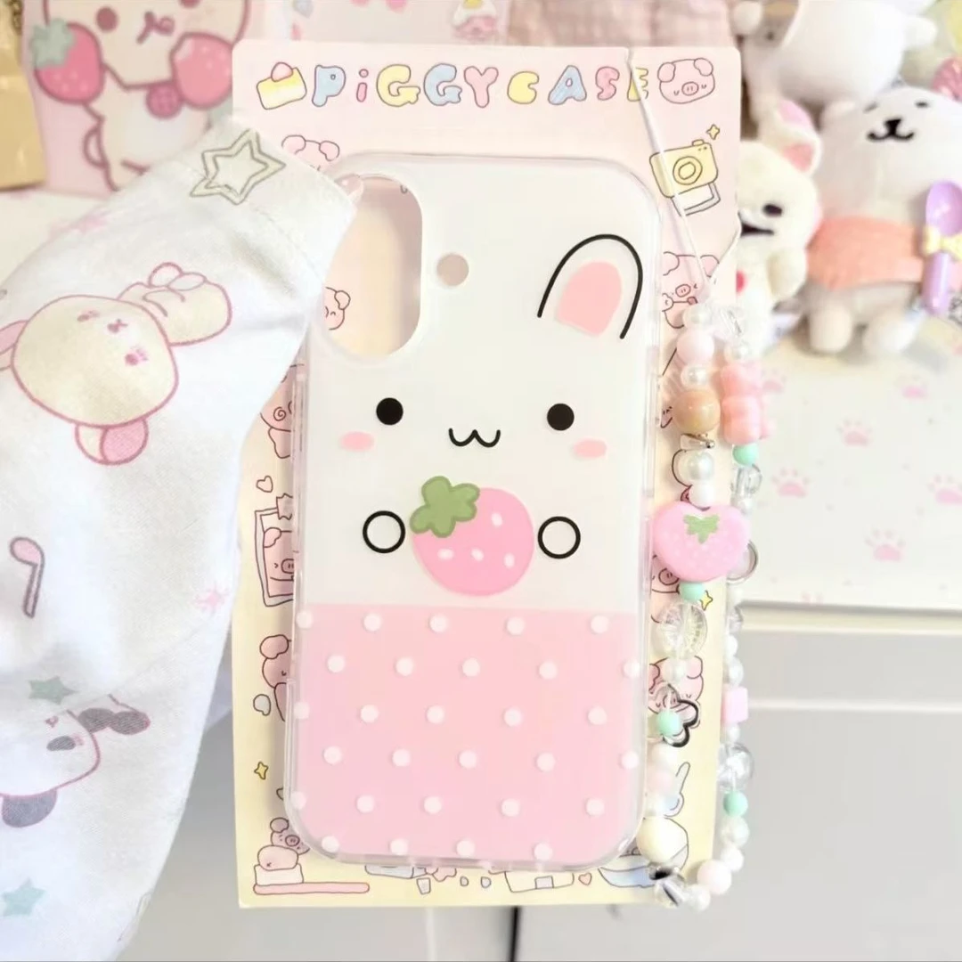 IMD抱草莓小兔子适用iphone16苹果15果冻手机壳小米OPPOVIVO荣耀