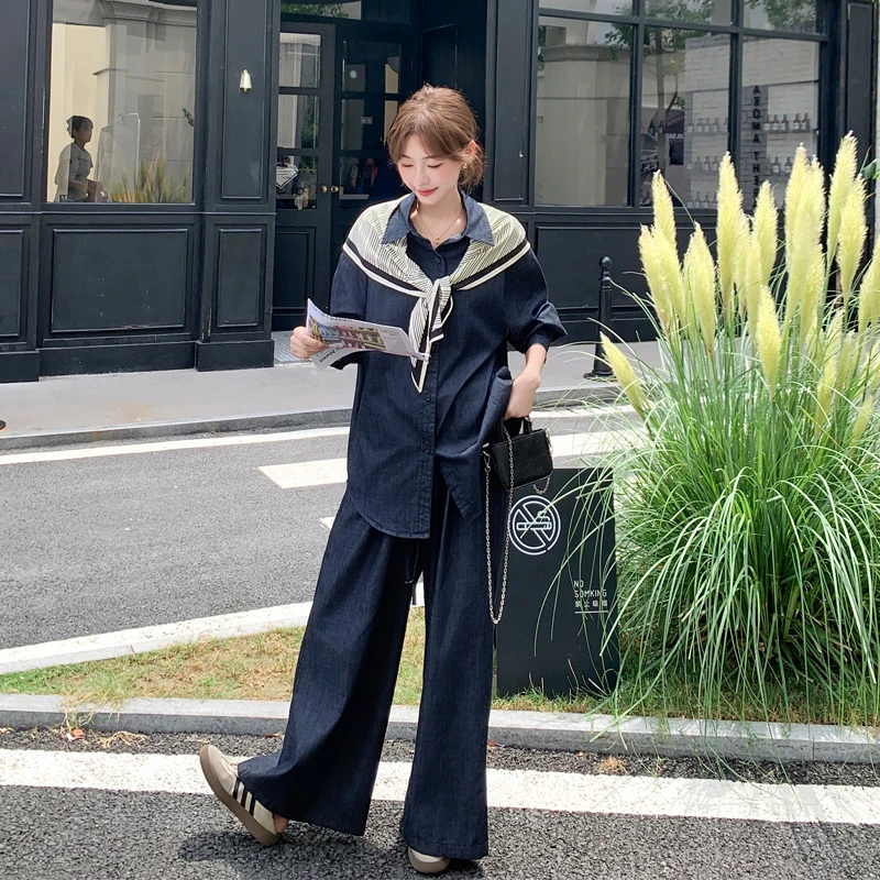 甜酷风牛仔衬衫阔腿裤2025春秋新款炸街韩系ins风元气少女感套装