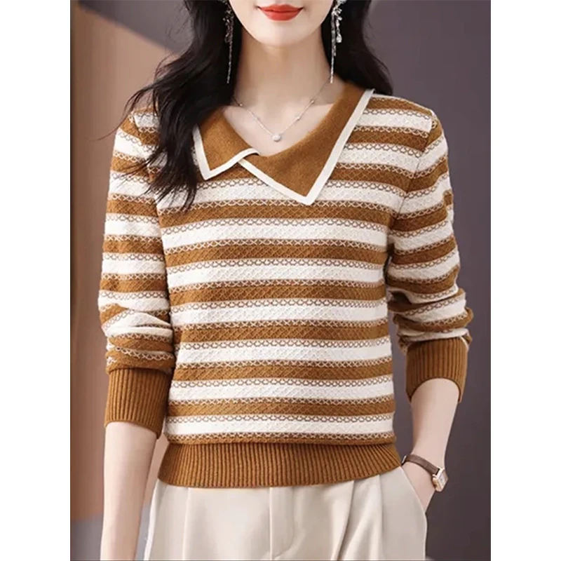 欧货2025秋冬新款毛衣洋气条纹宽松显瘦长袖条纹针织衫女气质